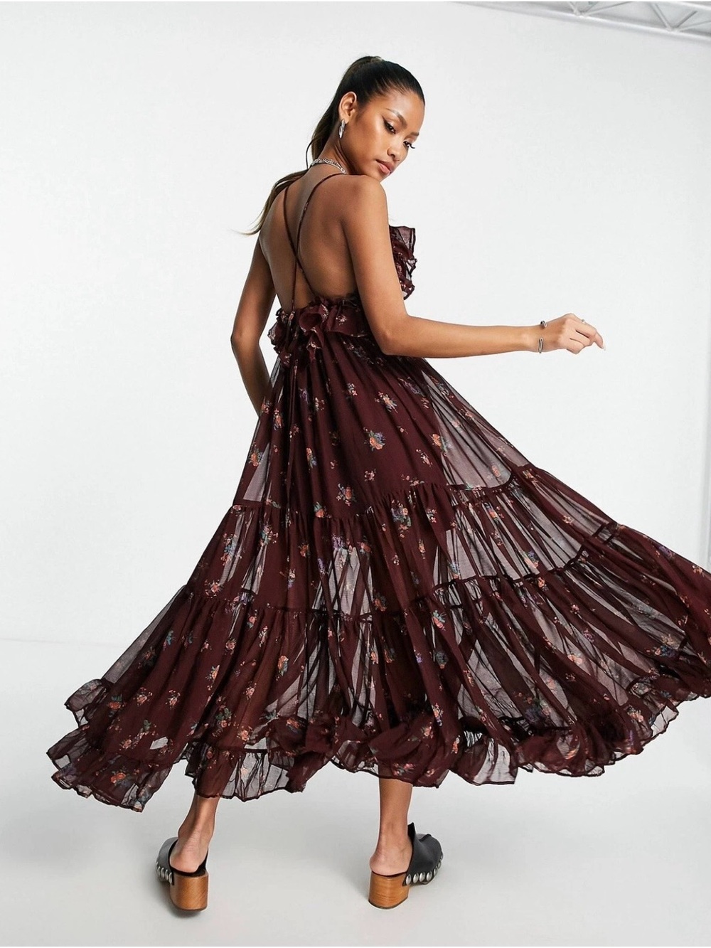 Free People Burgundy Floral Smocked Ruffle Maxi Dress - Picture 2 of 6